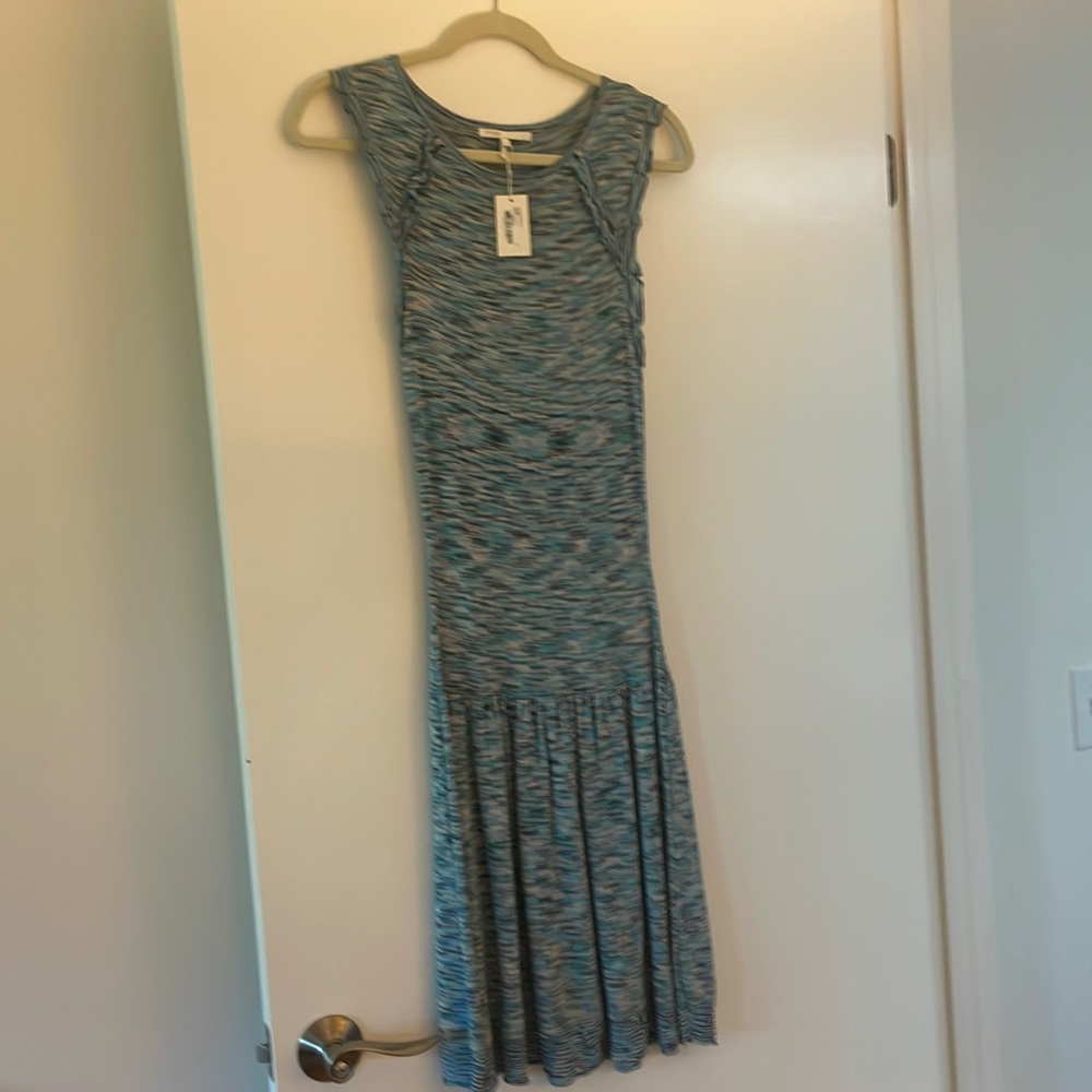 Maje knitted wool drop waist dress blues, turquoise, ivory and navy